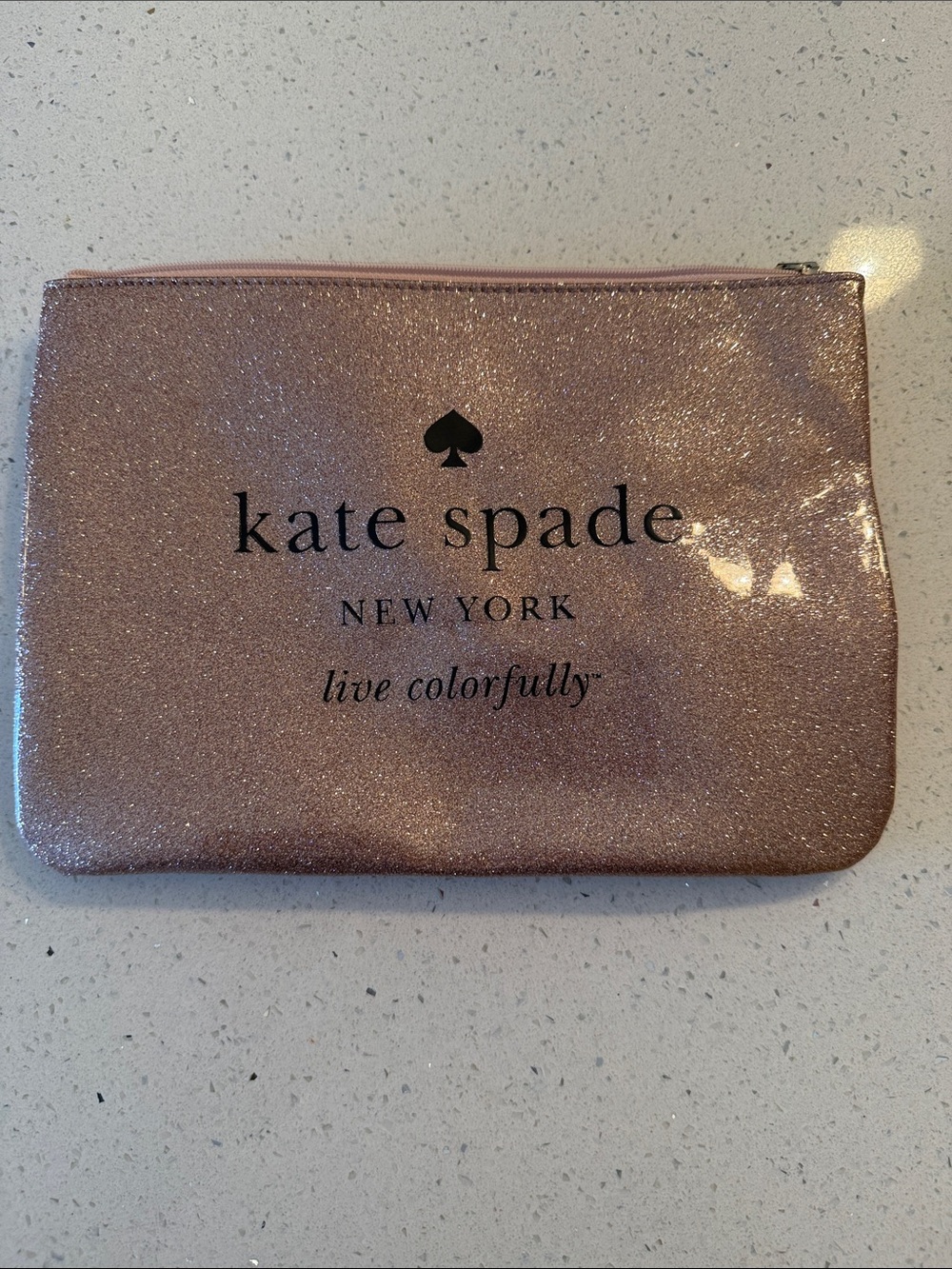 kate spade Rose Gold Glitter Zip Pouch with Black Logo